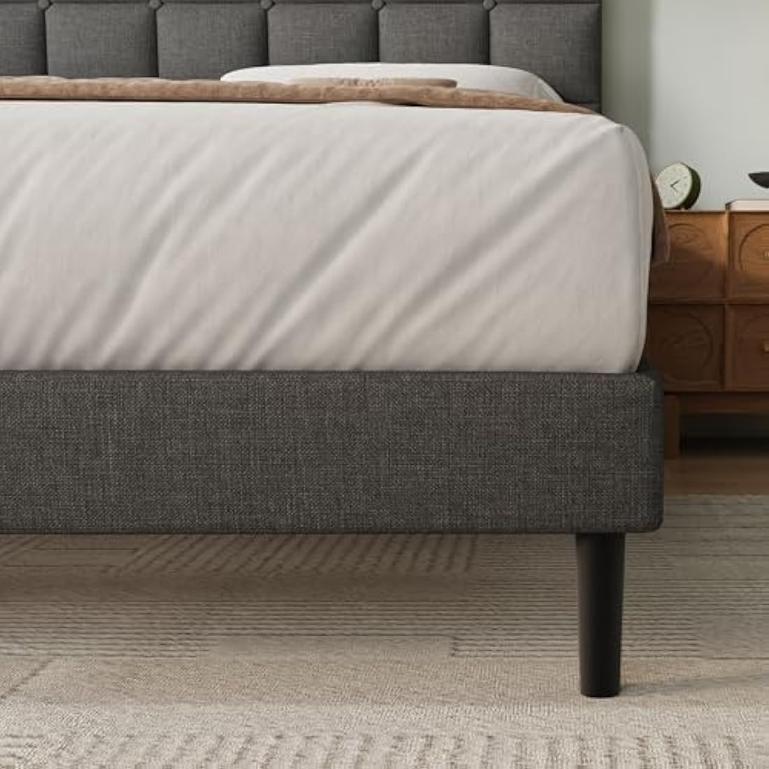Double Upholstered Platform Bed Frame with Headboard – Gray