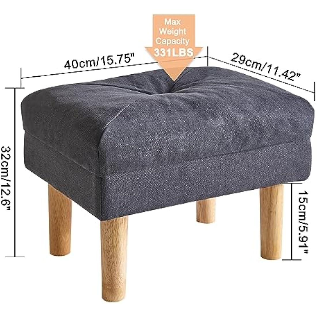 Small Ottoman Footstool – Padded Wooden Stool, Dark Grey