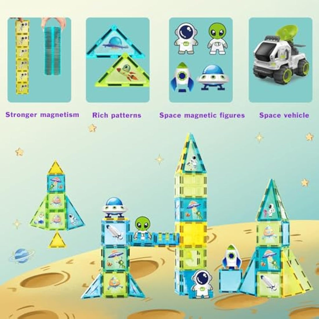 BUBUQE Space Adventure Magnetic Tiles Building Set with Storage Box