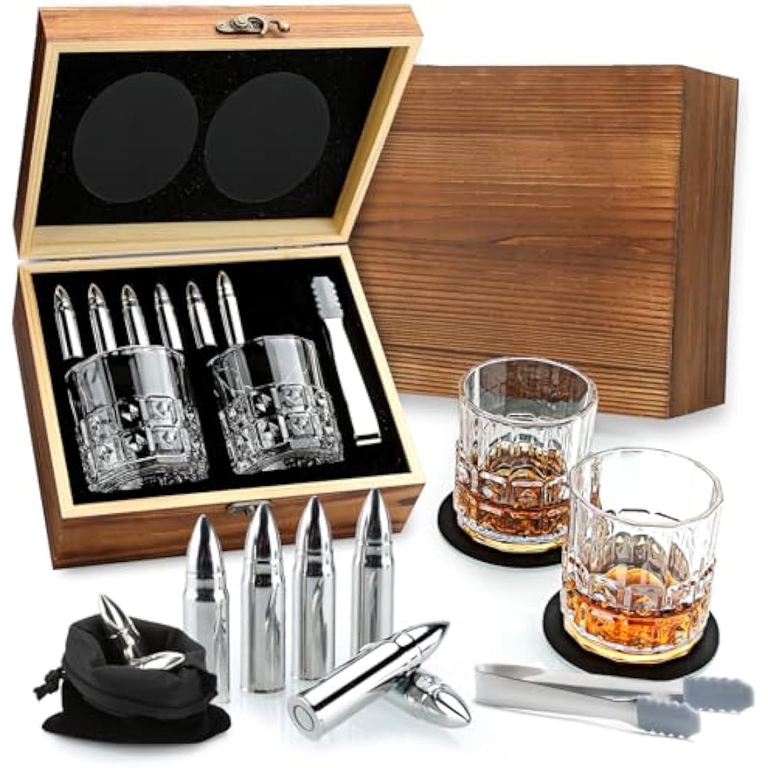 Sovyime Whiskey Gift Set | 2 Glasses & 6 Stainless Steel Stones in Wood Box
