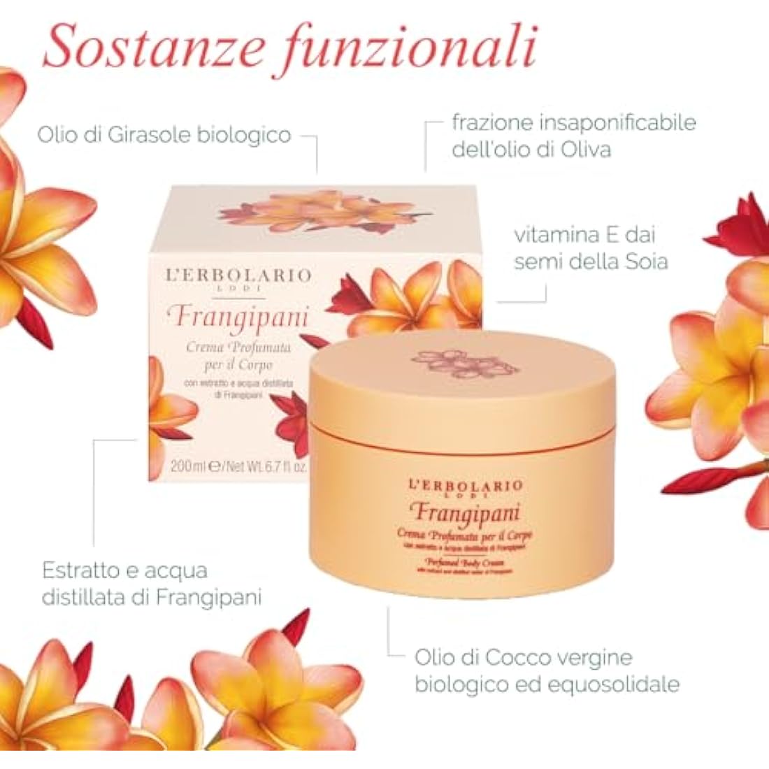 L'Erbolario Frangipani Perfumed Body Cream – Organic Coconut Oil, 6.7 oz