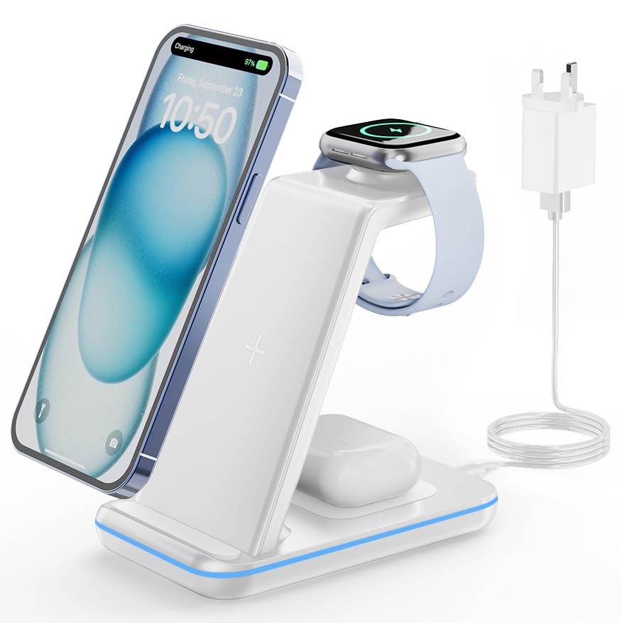 GEEKERA 3-in-1 Wireless Charging Station for iPhone & Apple Watch - White