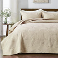 Qucover Cotton Quilted Bedspread Set | Super King Palm Leaf Embroidery