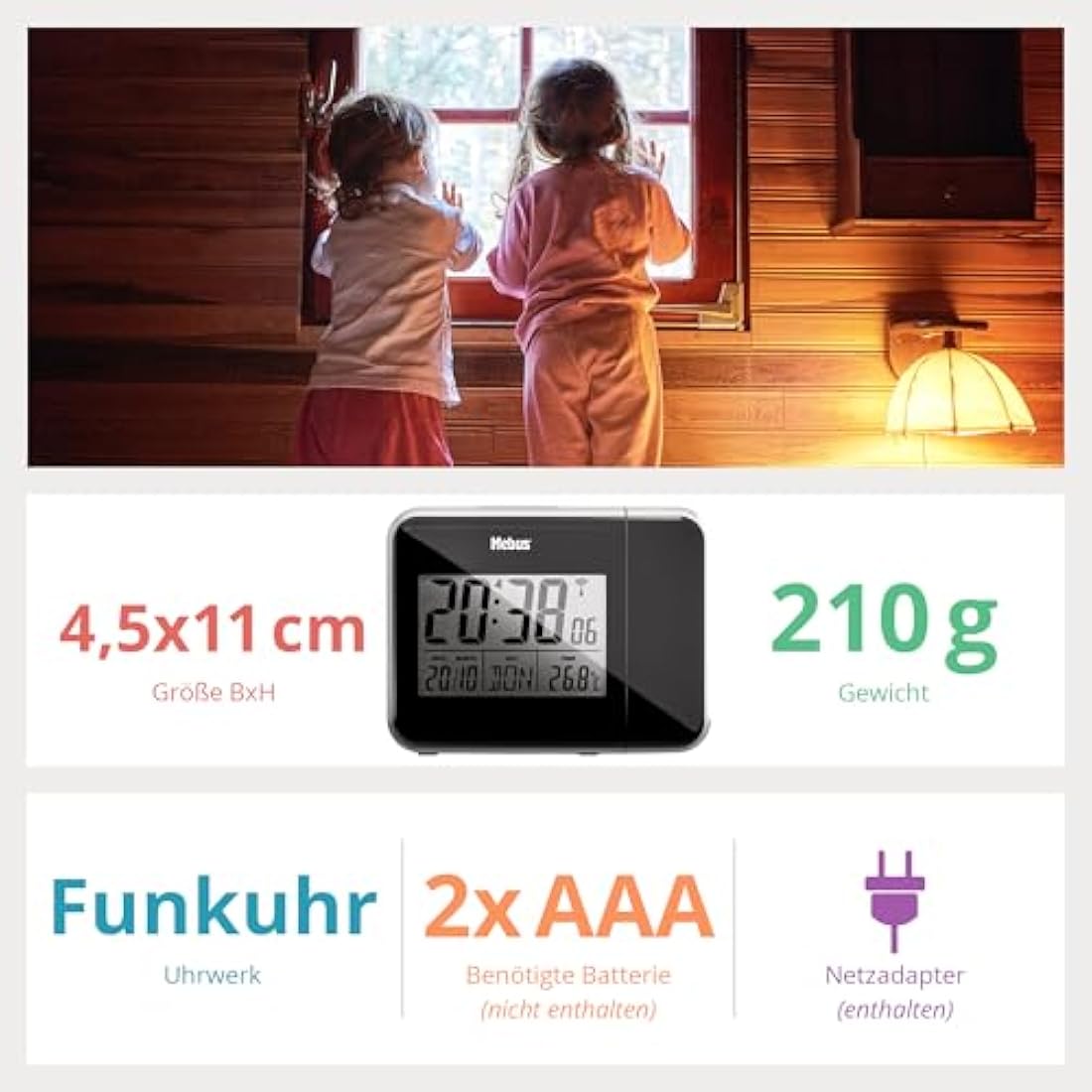 Mebus Radio Alarm Clock with Projection and Thermometer – Black