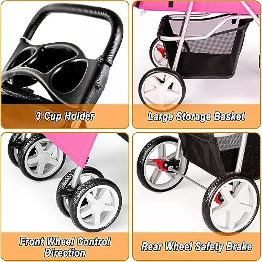 Display4top 4-Wheel Pet Stroller - Foldable Dog & Cat Travel Pram, Pink