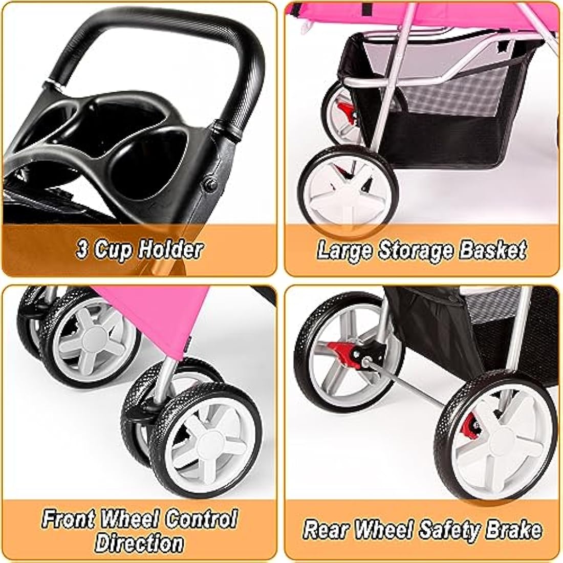 Display4top 4-Wheel Pet Stroller - Foldable Dog & Cat Travel Pram, Pink