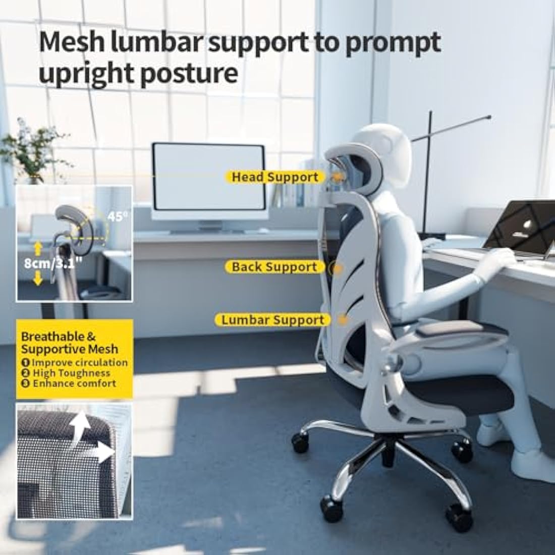 HOLLUDLE Ergonomic Mesh Office Chair – Foldable Backrest & Lumbar Support
