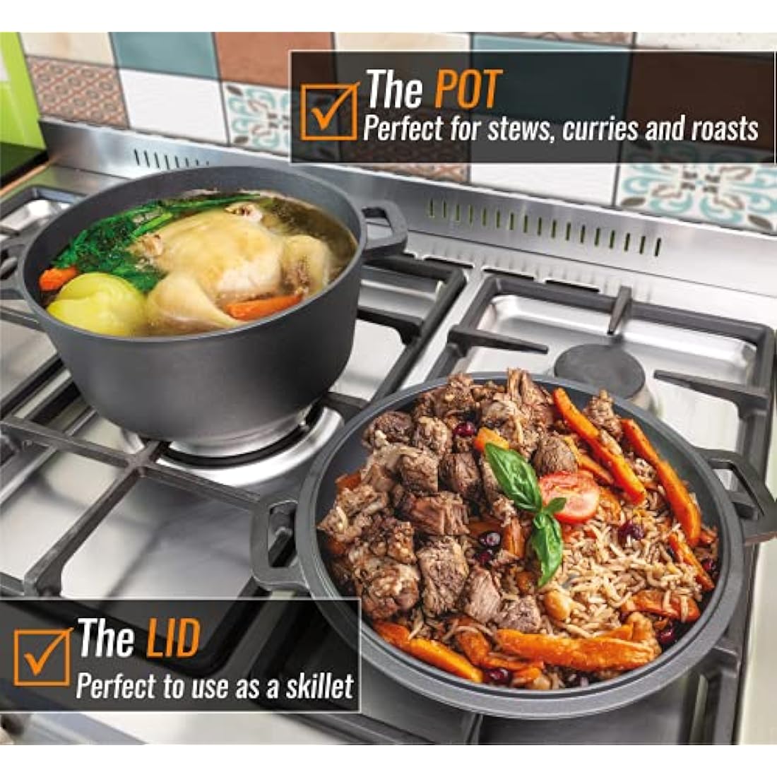 Pinnacle Cookware Pre-Seasoned Cast Iron Dutch Oven and Skillet Lid, 4.7L