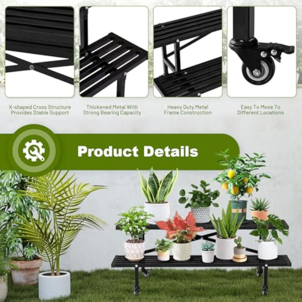CStern 2-Tier Metal Plant Stand with Wheels – Heavy Duty Flower Shelf