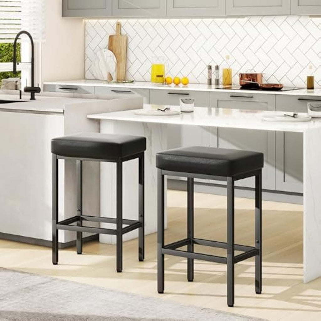 YMYNY Bar Stools Set of 2 – 66cm PU Leather Counter Chairs with Metal Base