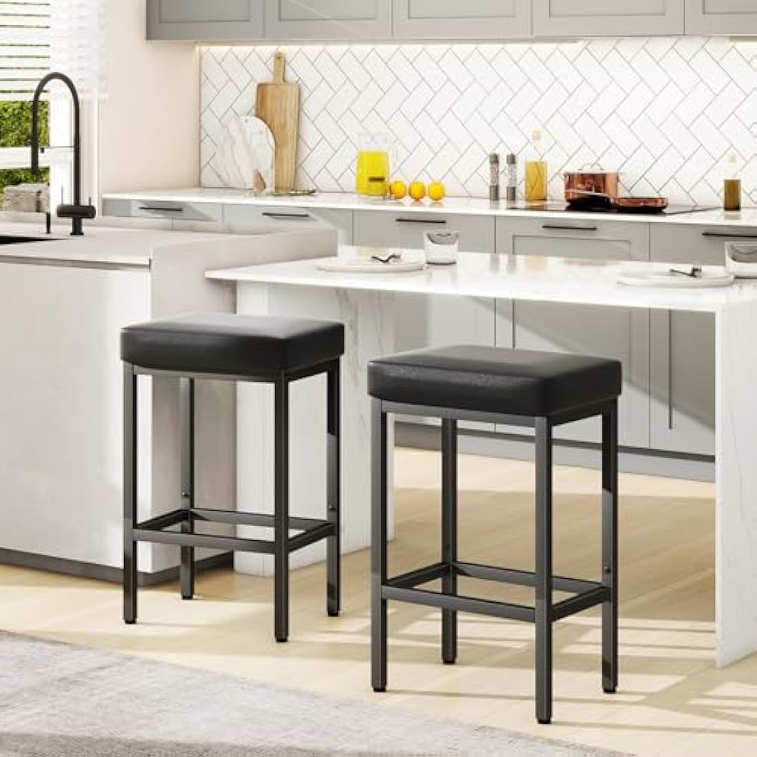 YMYNY Bar Stools Set of 2 – 66cm PU Leather Counter Chairs with Metal Base
