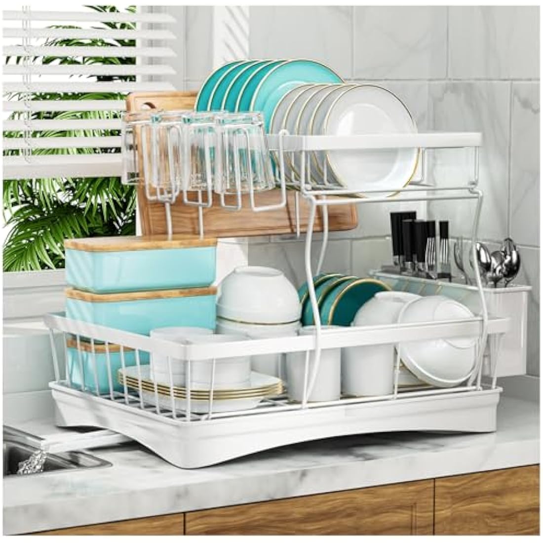 2-Tier Dish Drying Rack – Rustproof Carbon Steel Drainer, White