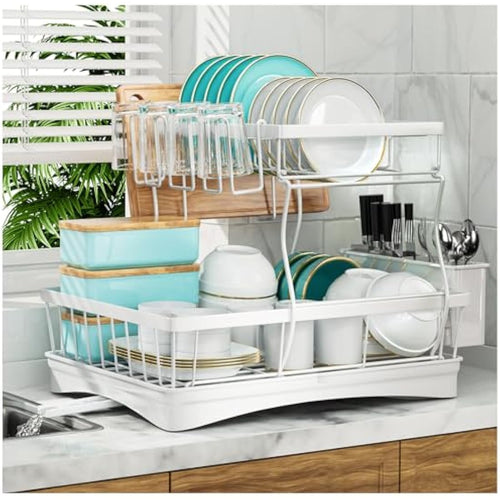 2-Tier Dish Drying Rack – Rustproof Carbon Steel Drainer, White