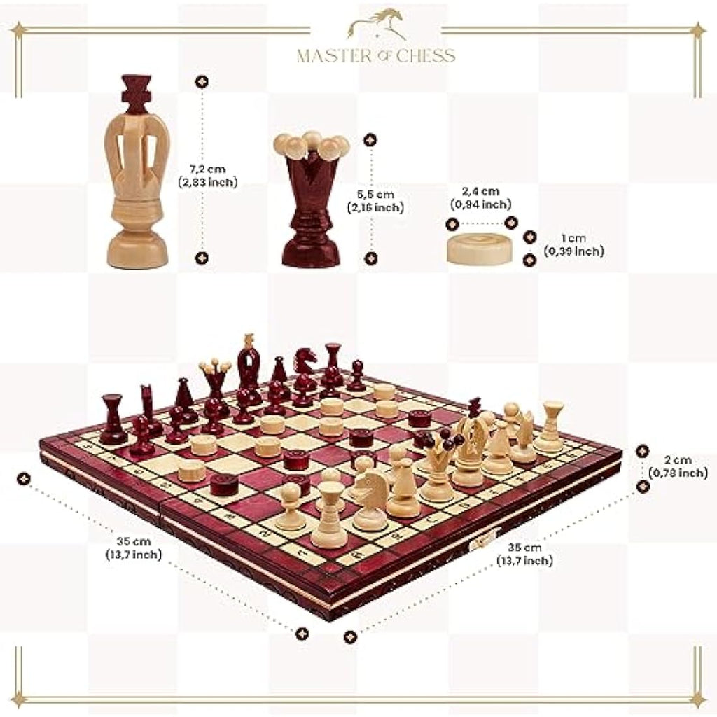 Jolof Store Handmade Wooden Chess and Checkers Set – 35cm Red Travel Board