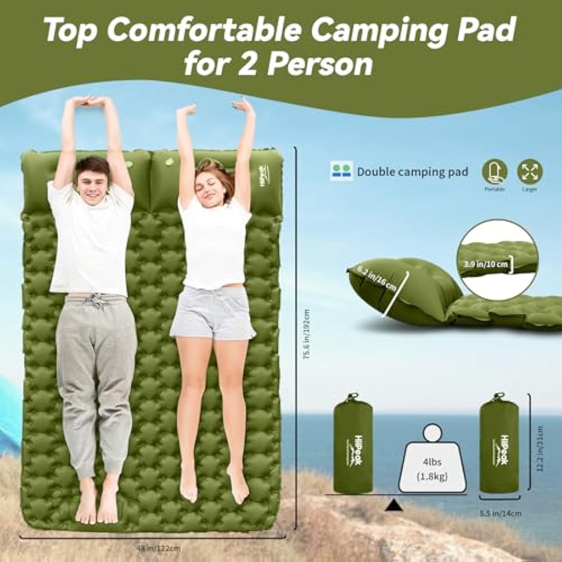 HiiPeak Double Camping Sleeping Pad | Ultralight Inflatable Mat with Pillow
