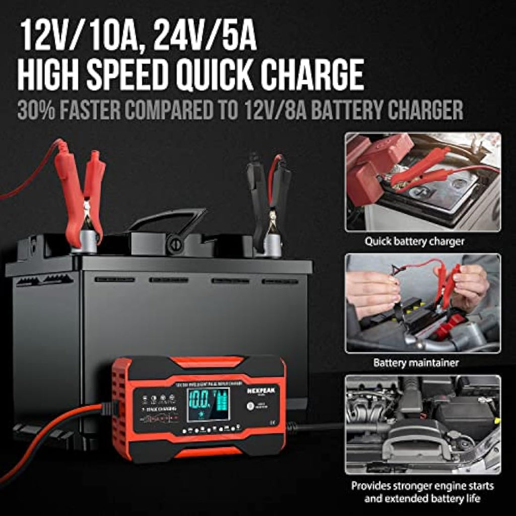 10A Smart Car Battery Charger | 12V/24V Pulse Repair Maintainer