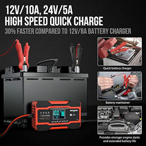 10A Smart Car Battery Charger | 12V/24V Pulse Repair Maintainer