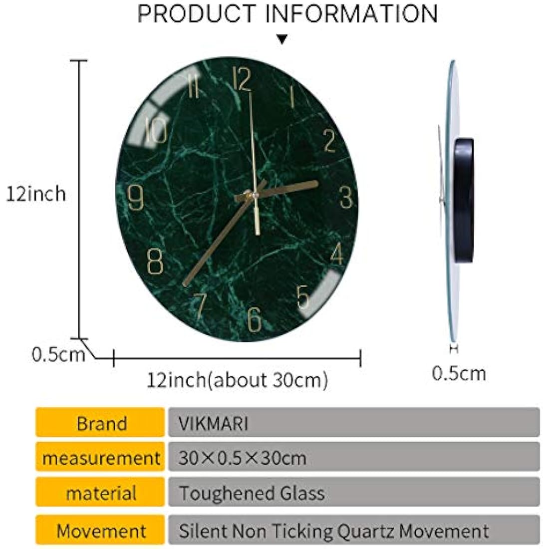 VIKMARI 12 Inch Glass Wall Clock | Silent Non-Ticking Quartz - Dark Green