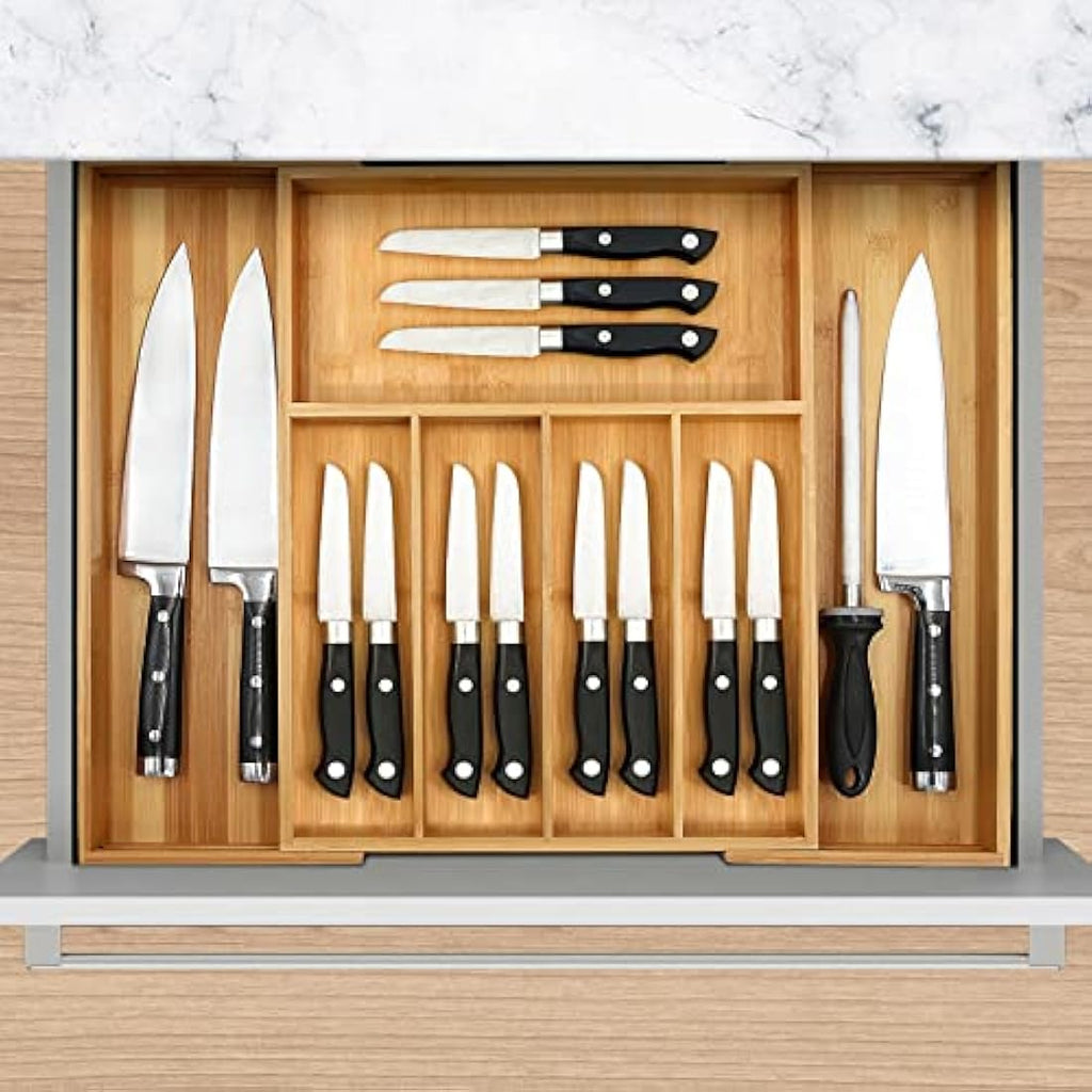VaeFae Expandable Bamboo Cutlery Drawer Organiser | 5-7 Slot Kitchen Tray