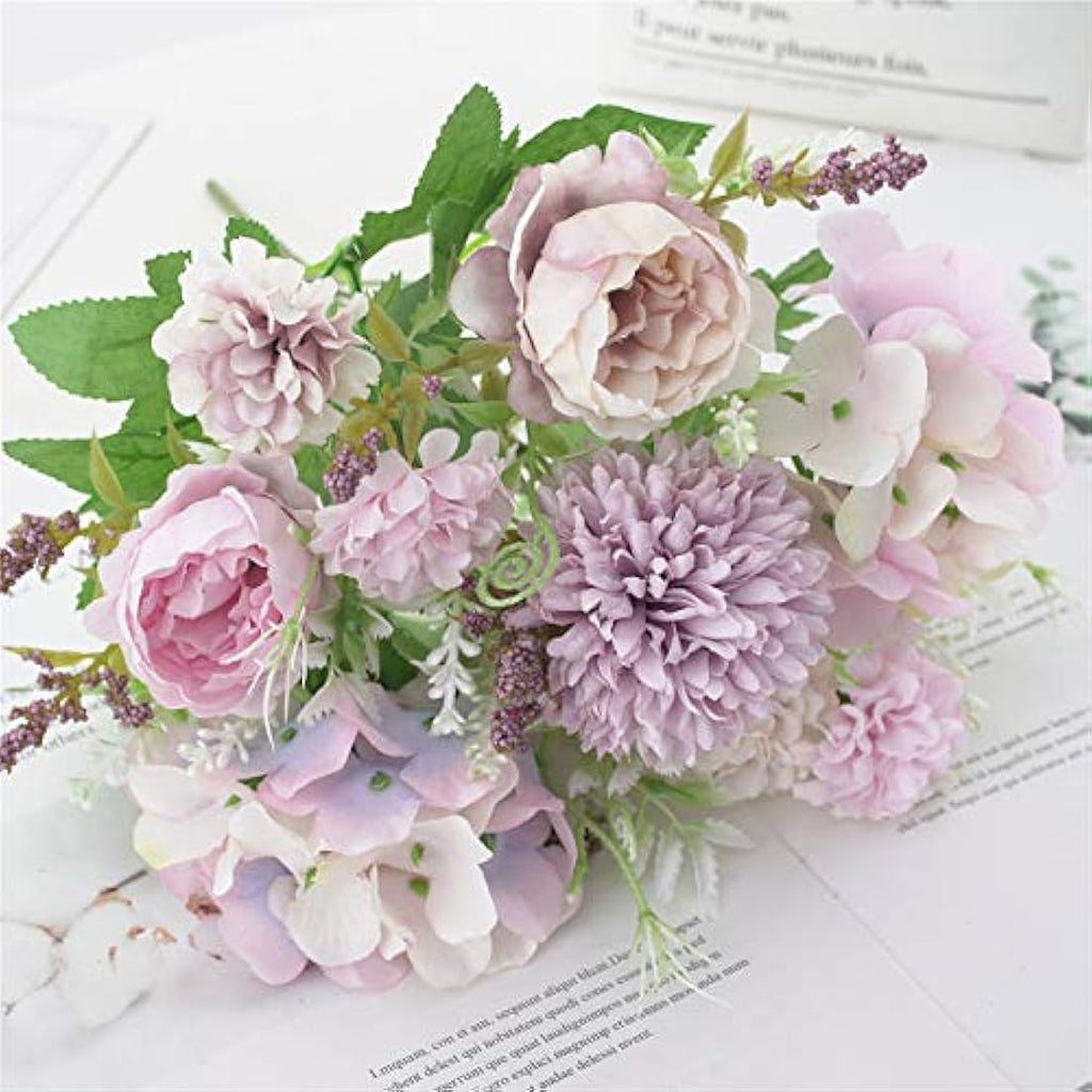 Silk Peony & Hydrangea Artificial Flowers - 2 Pcs Purple Bouquet