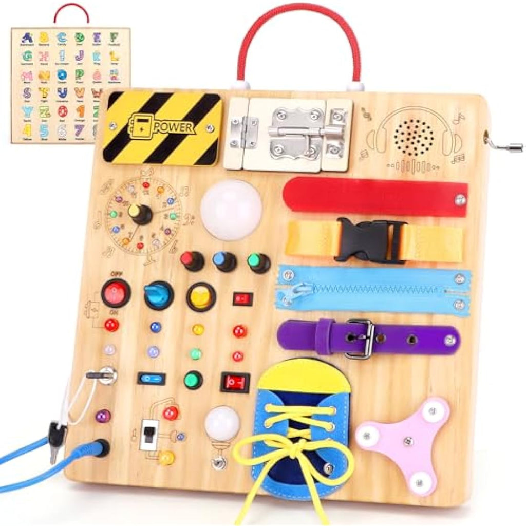 Jolof Store Montessori Busy Board – 23-in-1 Wooden LED Sensory Toy
