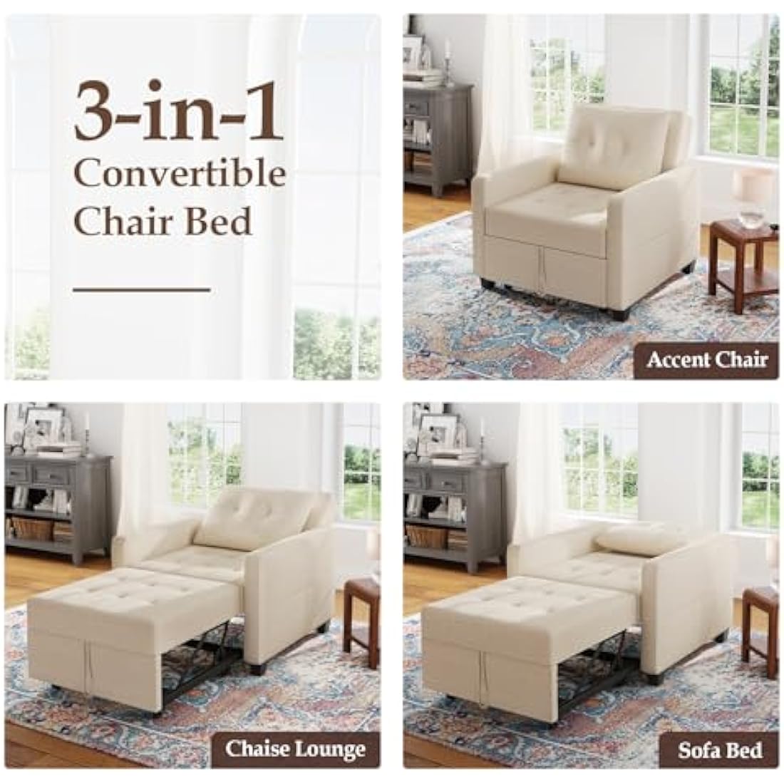 Vesgantti 3-in-1 Convertible Sofa Bed | Beige Linen Sleeper Chair