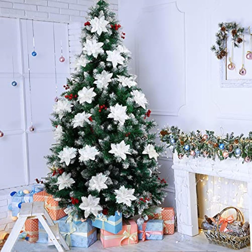 12Pcs White Glitter Poinsettia Artificial Christmas Flowers