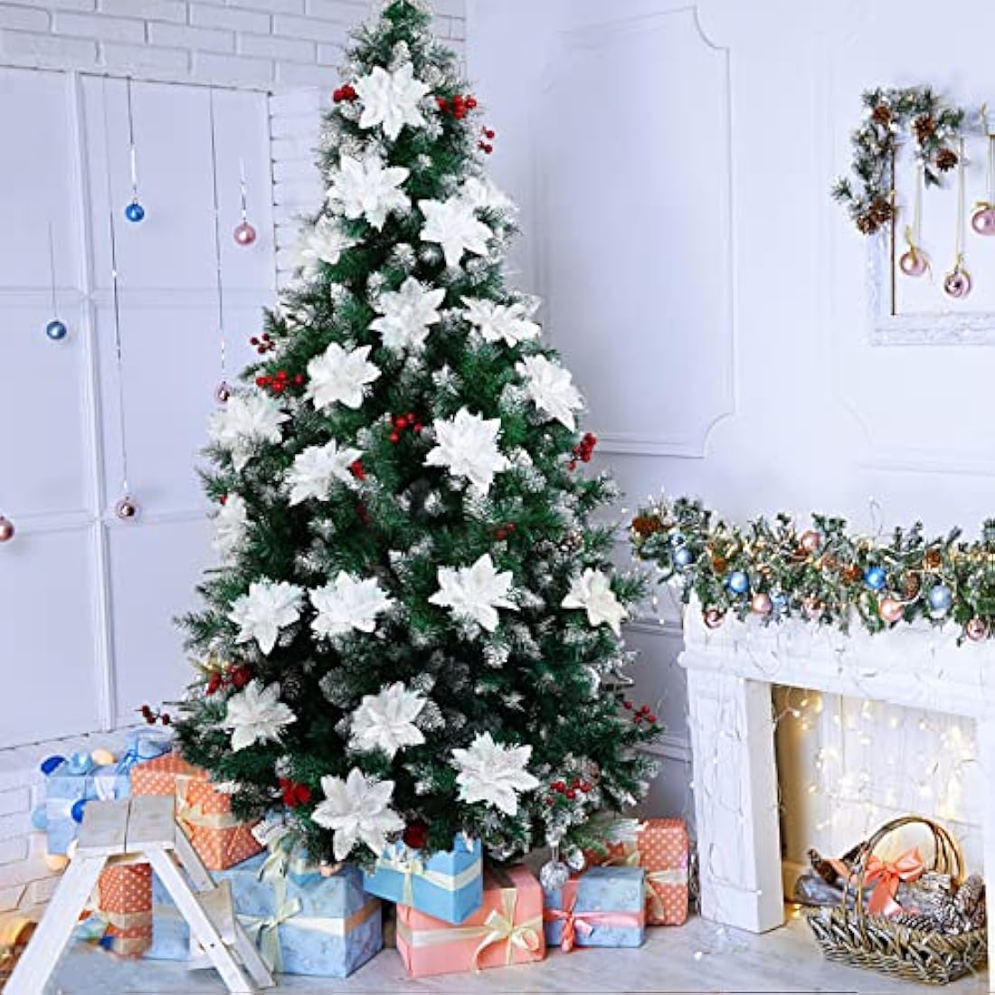 12Pcs White Glitter Poinsettia Artificial Christmas Flowers