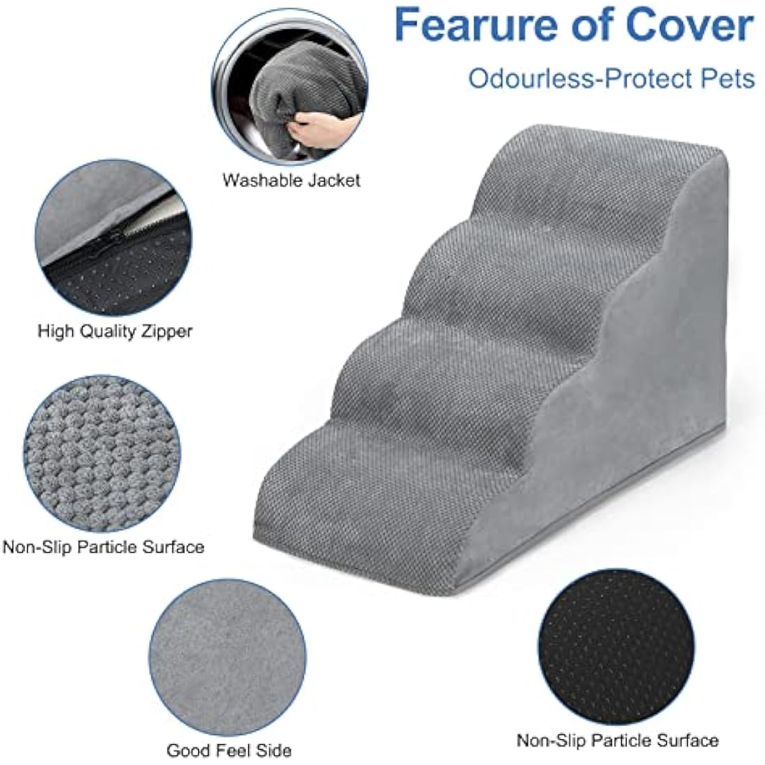4-Step Foam Dog Stairs for Bed – Non-Slip Pet Ramp, Grey