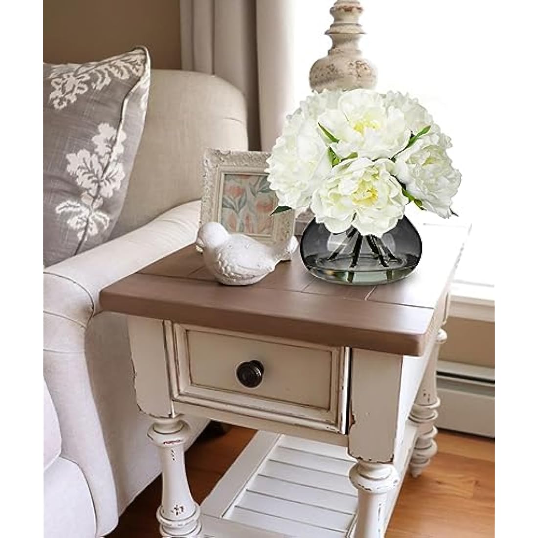 Oairse Real Touch Artificial Peony Flowers in Glass Vase with Faux Water