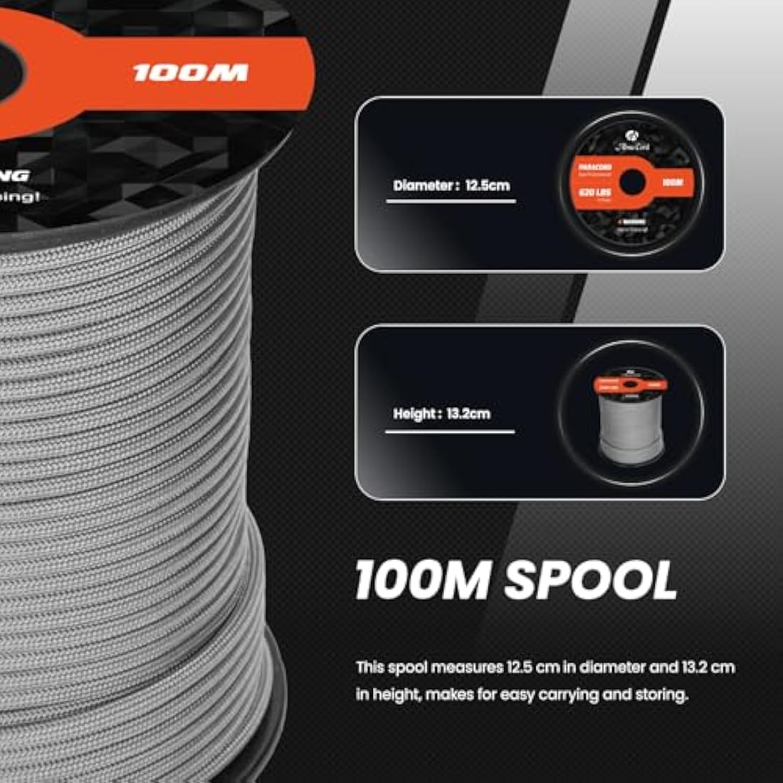 Abma Cord 4mm Type III Nylon Paracord – 9 Strands, 100m Rope (Grey)