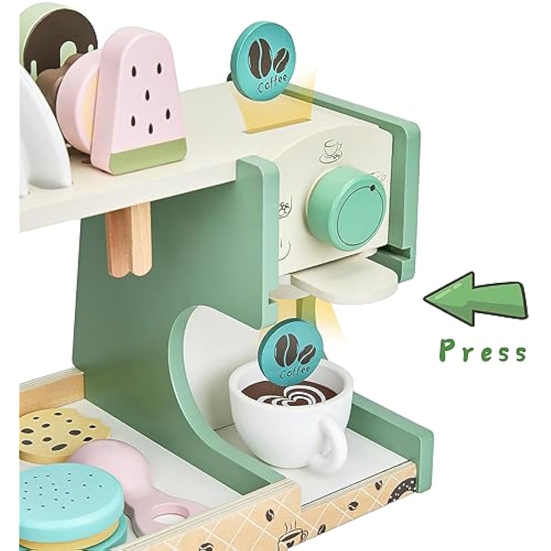 Medoga Wooden Ice Cream Counter & Coffee Maker Toy - 28 Piece Kitchen Set