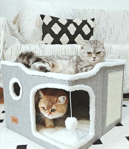 Spindro Large Cat Bed Cave – Foldable Indoor Cat House with Scratch Pad