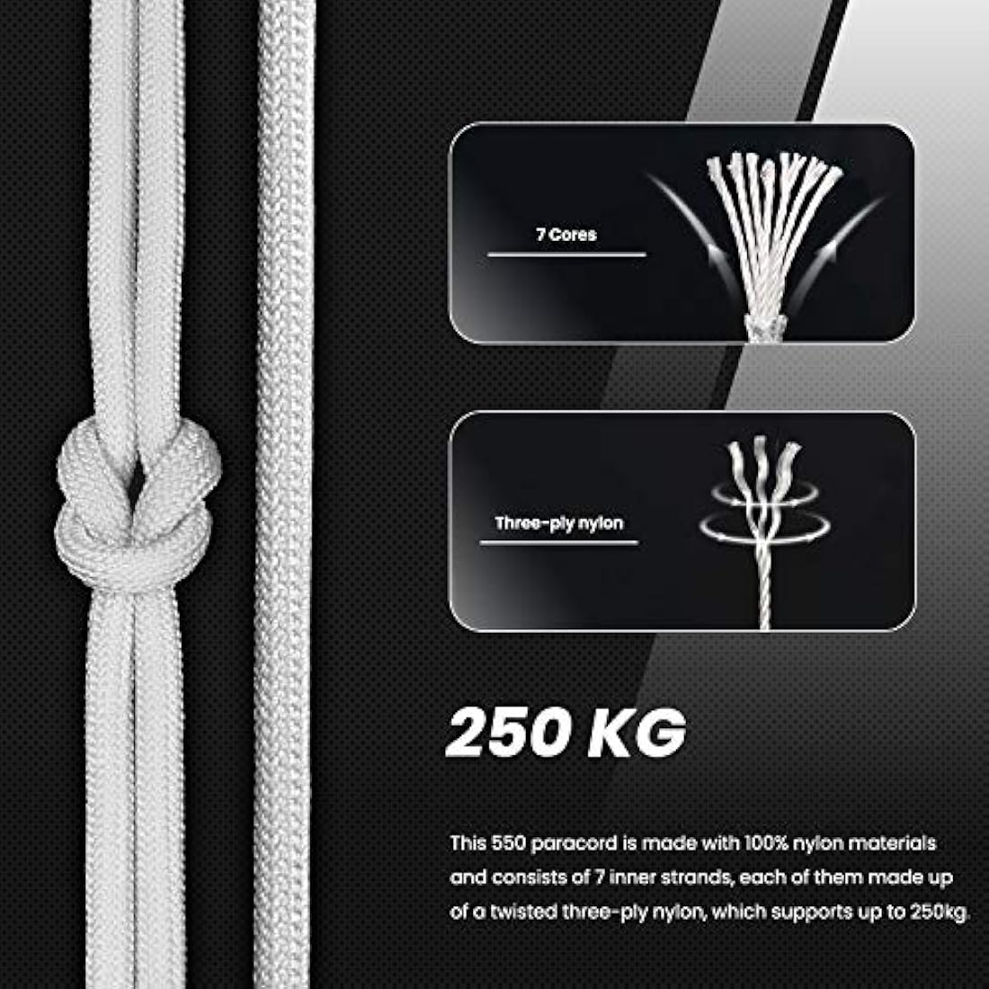 Abma Cord 550 Paracord – 100m Type III 7-Strand Nylon Rope, White