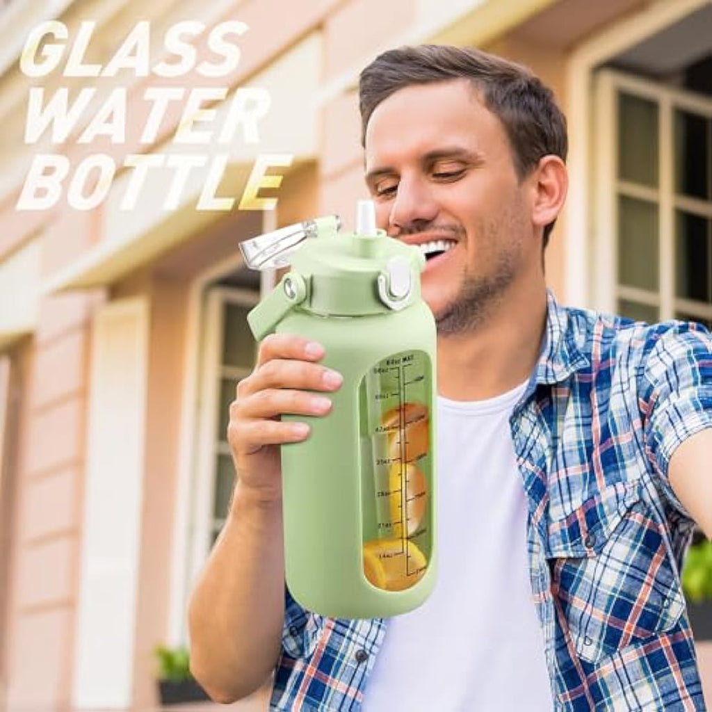 HYDRAGLAZIC 2L Glass Water Bottle | 2 Liter Large Jug with Silicone Sleeve