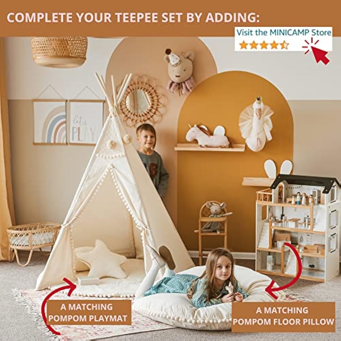 Kids Teepee Tent | Handmade Canvas Playhouse with Pom-Poms