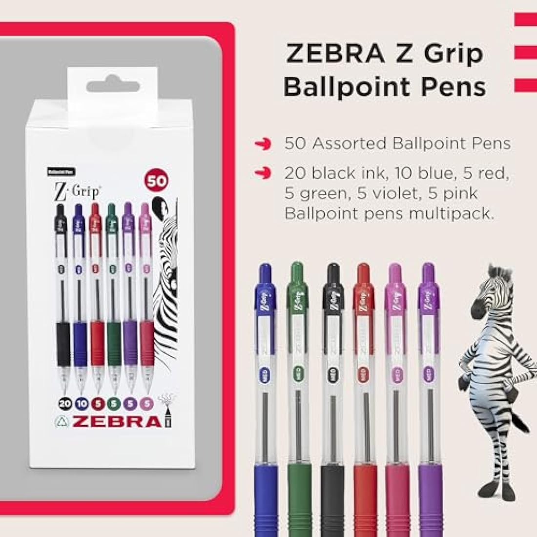 Zebra Z-Grip Retractable Ballpoint Pens, Medium Point, Assorted, 50 Pack