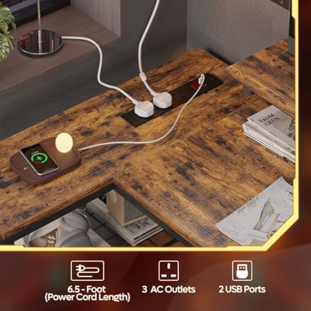 Bestier L-Shaped Gaming Desk with LED Lights and Power Outlets