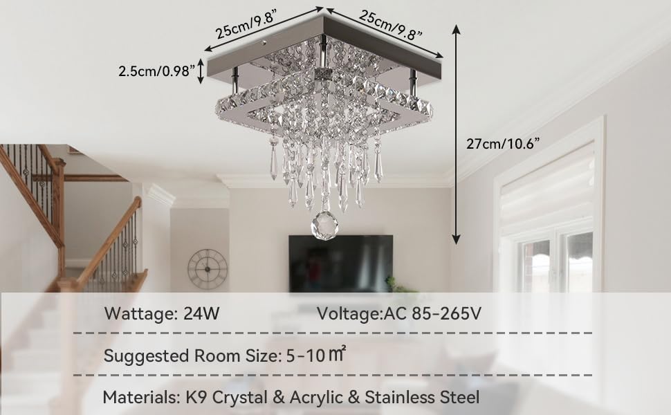 Modern K9 Crystal Square LED Flush Mount Ceiling Light