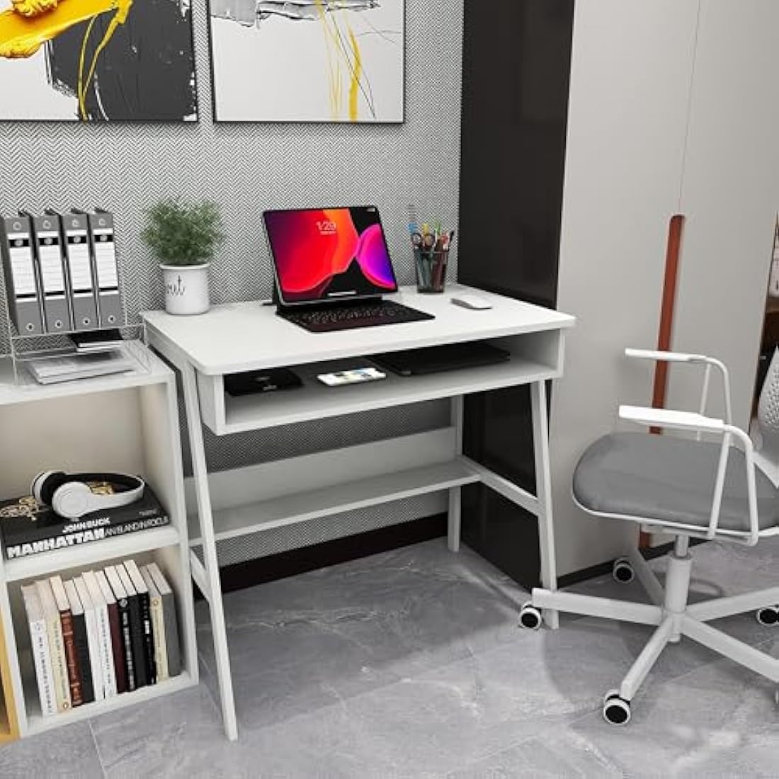 80cm Small Computer Desk with Drawer and Storage Shelf - White