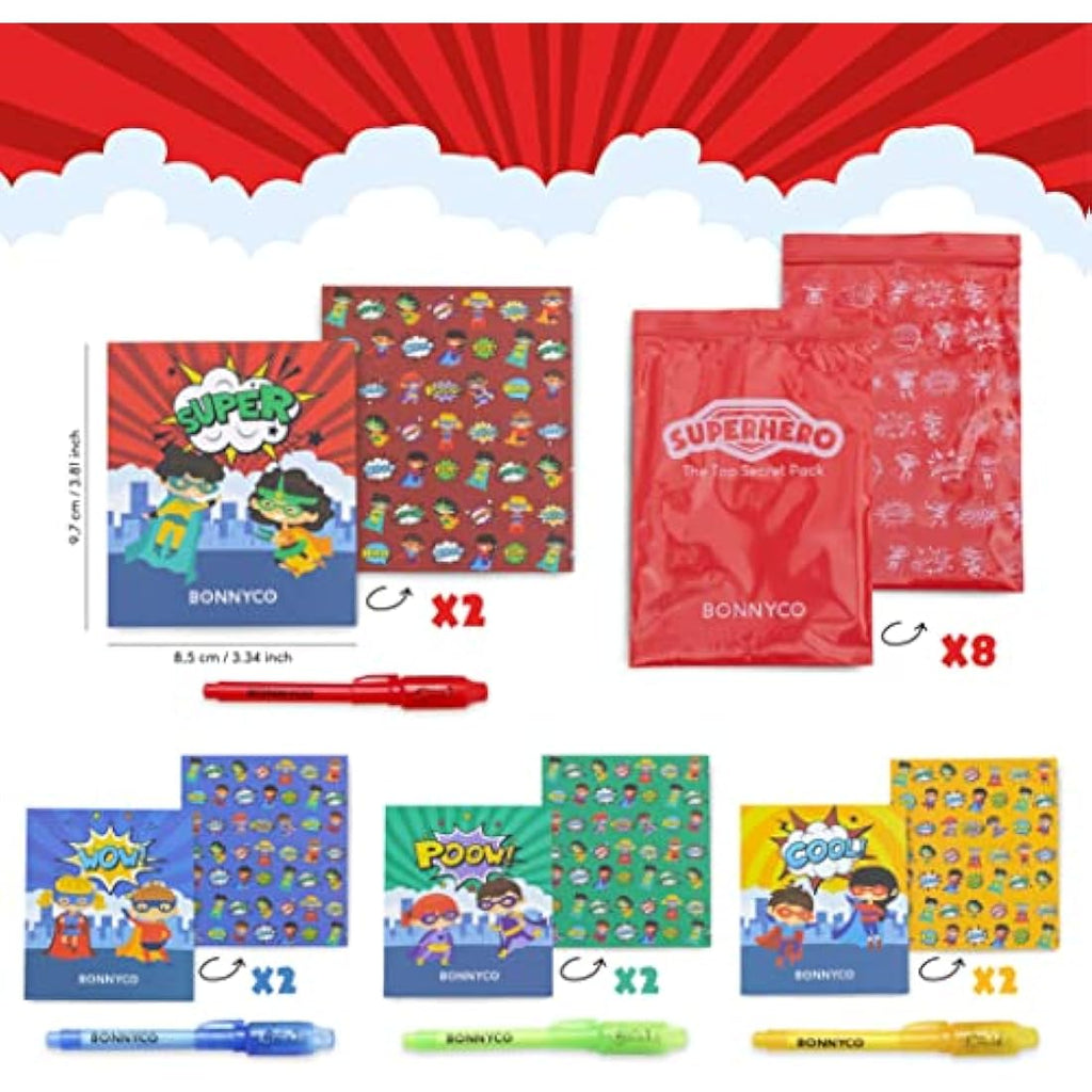 BONNYCO Superhero Invisible Ink Pen and Notebook Set - 8 Pack Party Fillers