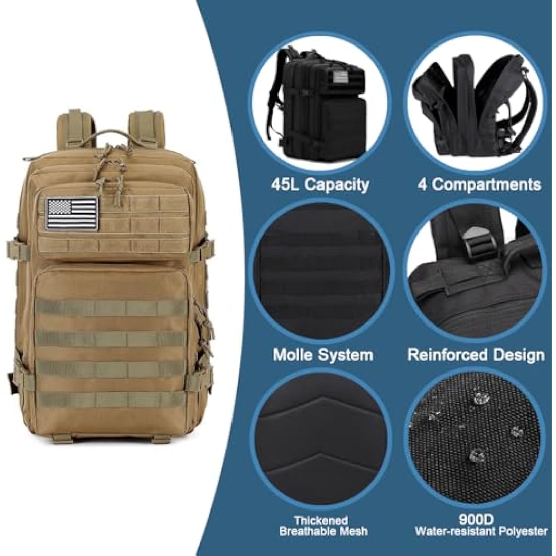MUCHER 45L Military Tactical Backpack | Molle Survival Rucksack with Bottle Holder