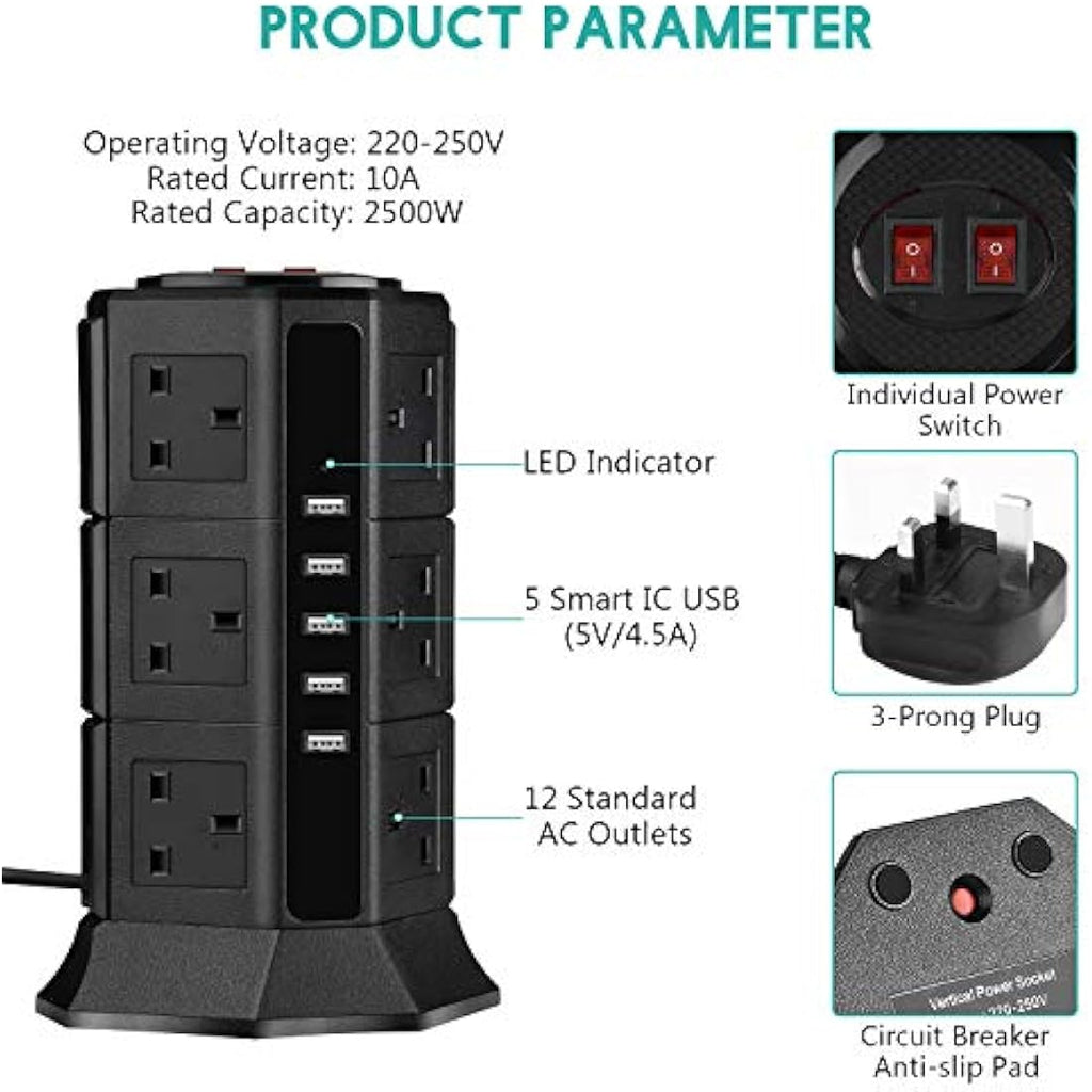 PRITEK 12-Way Vertical Extension Lead | 1000J Surge Protector with 5 USB