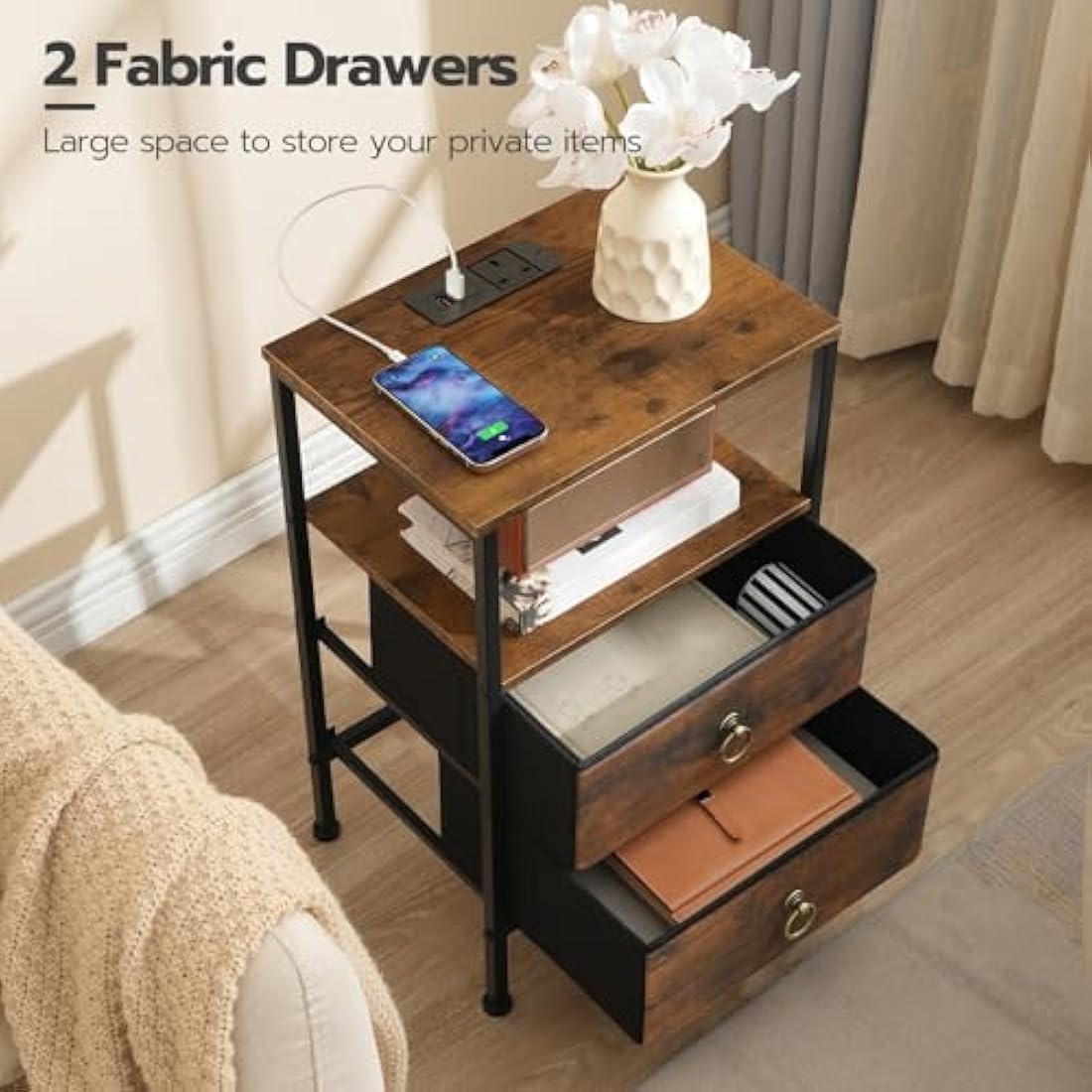 HOOBRO Bedside Table with Charging Station | 2-Drawer Rustic Nightstand