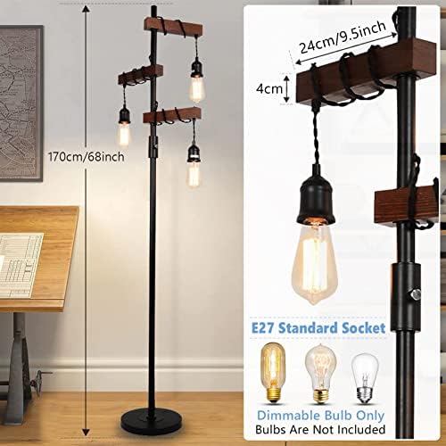 Rayofly Industrial Dimmable 3-Light Tree Floor Lamp – Wood & Metal