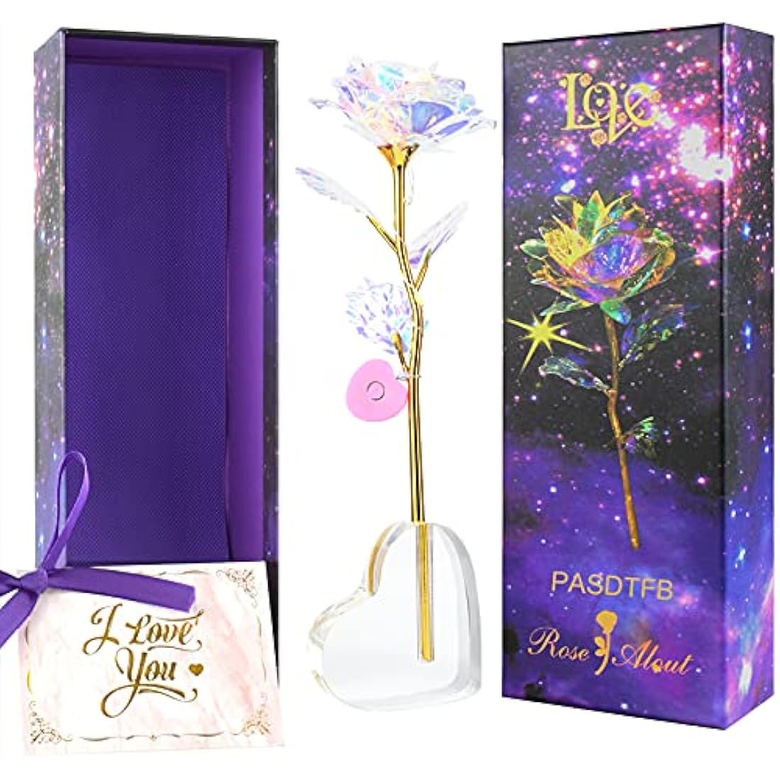 PASDTFB Galaxy Rose Flower with Heart Base – Colorful Eternal Gift for Her