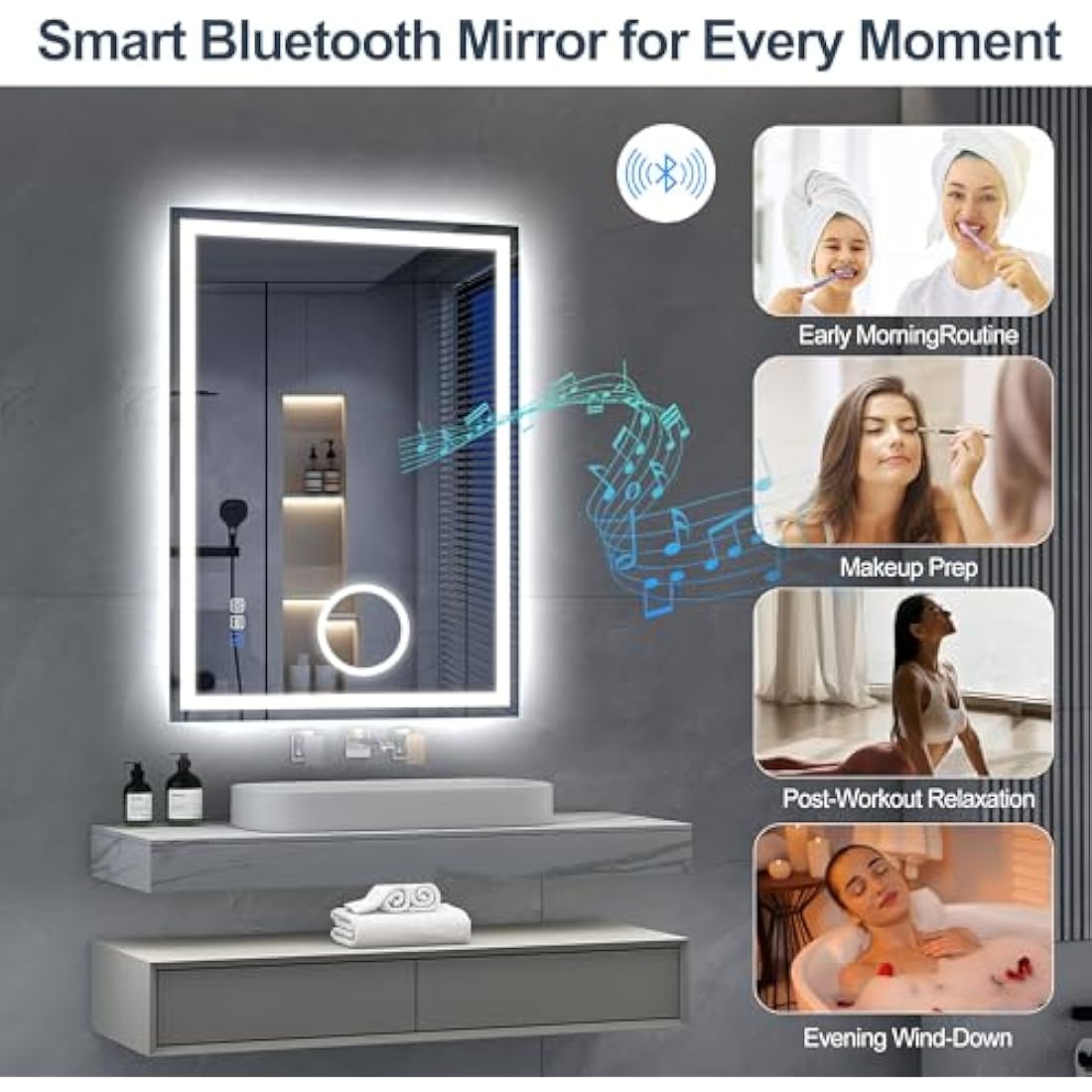 S'bagno Bluetooth LED Bathroom Mirror | 5x Magnifier & Anti-Fog | 80x60cm