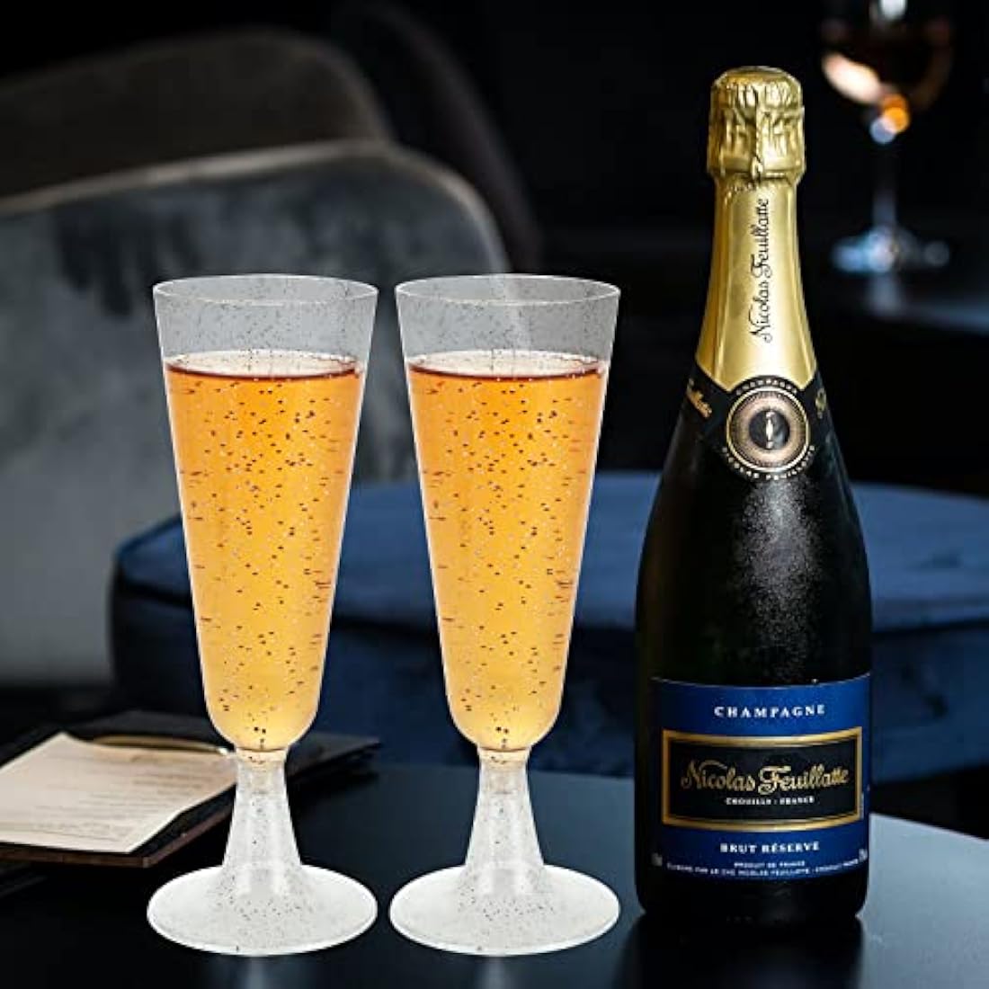 JMIATRY 100 Pcs Plastic Champagne Flutes – 5.6oz Shatterproof Silver Glitter