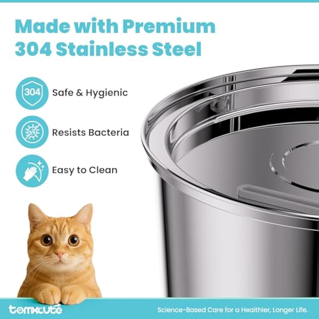 TOMXCUTE 3.2L Stainless Steel Cat Water Fountain | Ultra-Quiet Pet Dispenser