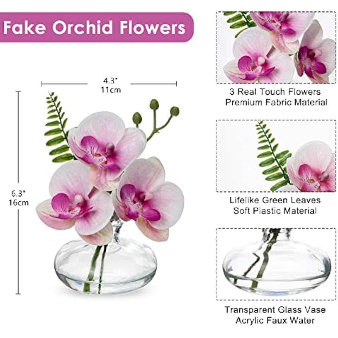 Briful Set of 3 Pink Artificial Orchids in Glass Vase - Real Touch Faux Flowers